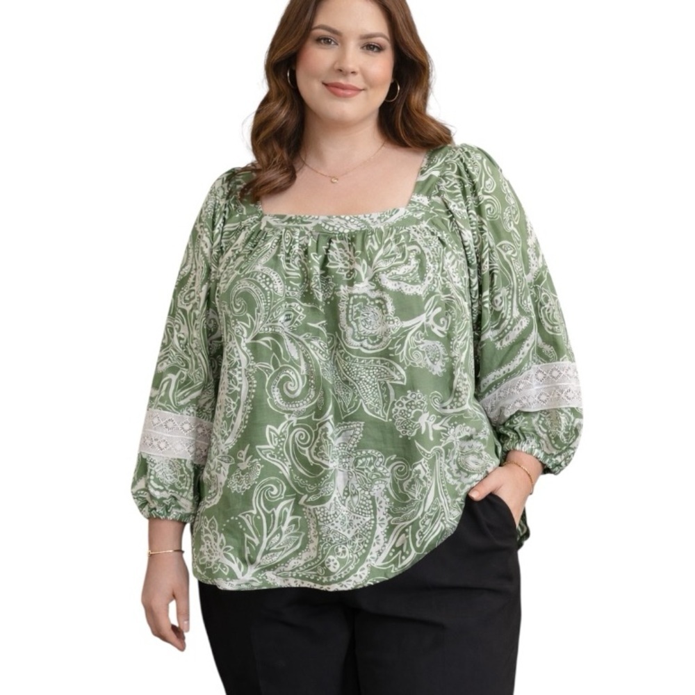 Nicole Miller 2X Green Crochet Breezy Boho Linen Blend Square Neck Blouse Shirt
